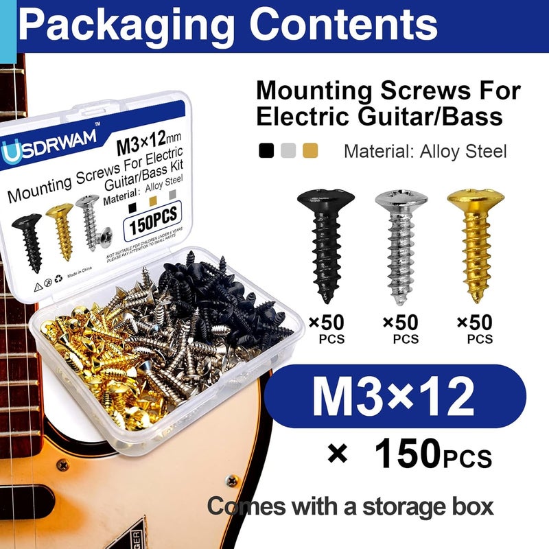 Usdrwam 3mm Electric Guitar Pickguard Screws, 3-Color Combo Set for Fender Telecaster, Stratocaster, Jazzmaster, and Gibson Les Paul, SG, 150 Pcs - Image 3